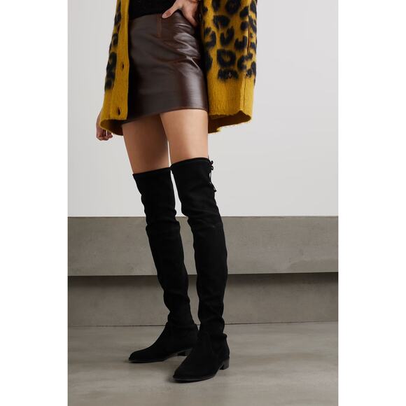 Stuart Weitzman Lowland Over-the-Knee Boots Black Suede Flat Tie Back 7.5 - Picture 1 of 11